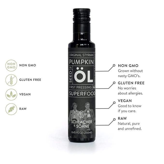 Schlacher & S철hne Styrian Pumpkin Seed Oil: 100% Pure, Cold Pressed, Non GMO, Gluten Free, Vegan, May Helps in Hair Growth, Made in Austria (8.4 FL OZ of 250 ml)