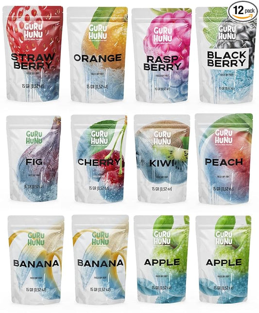 GURU HUNU Freeze Dried Fruit Mix 12 Individual Packs Healthy Fruit Snacks - Variety Pack Dehydrated Fruit Chips Camping Snacks Mixed Fruit - Bulk Dried Fruit No Sugar Added, Dry Fruit Snacks Healthy Gift
