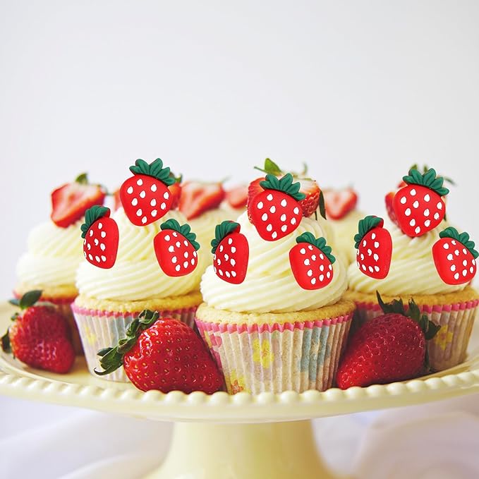 YCTHUNFISH 30 Pack Strawberry Cupcake Toppers Red Glitter Strawberry Cupcake Picks for Fruit Baby Shower Kids Birthday Summer Berry Cupcake Decorations Party Supplies
