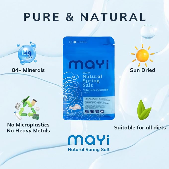 MAYİ Ancient Natural Spring Coarse Salt 1.1 lb - Hand-Harvested, Kosher, Microplastic-Free, Mineral-Rich, Diamond Crystal, Unrefined Salt for Electrolyte Drinks, Cooking, Canning, Low Sodium