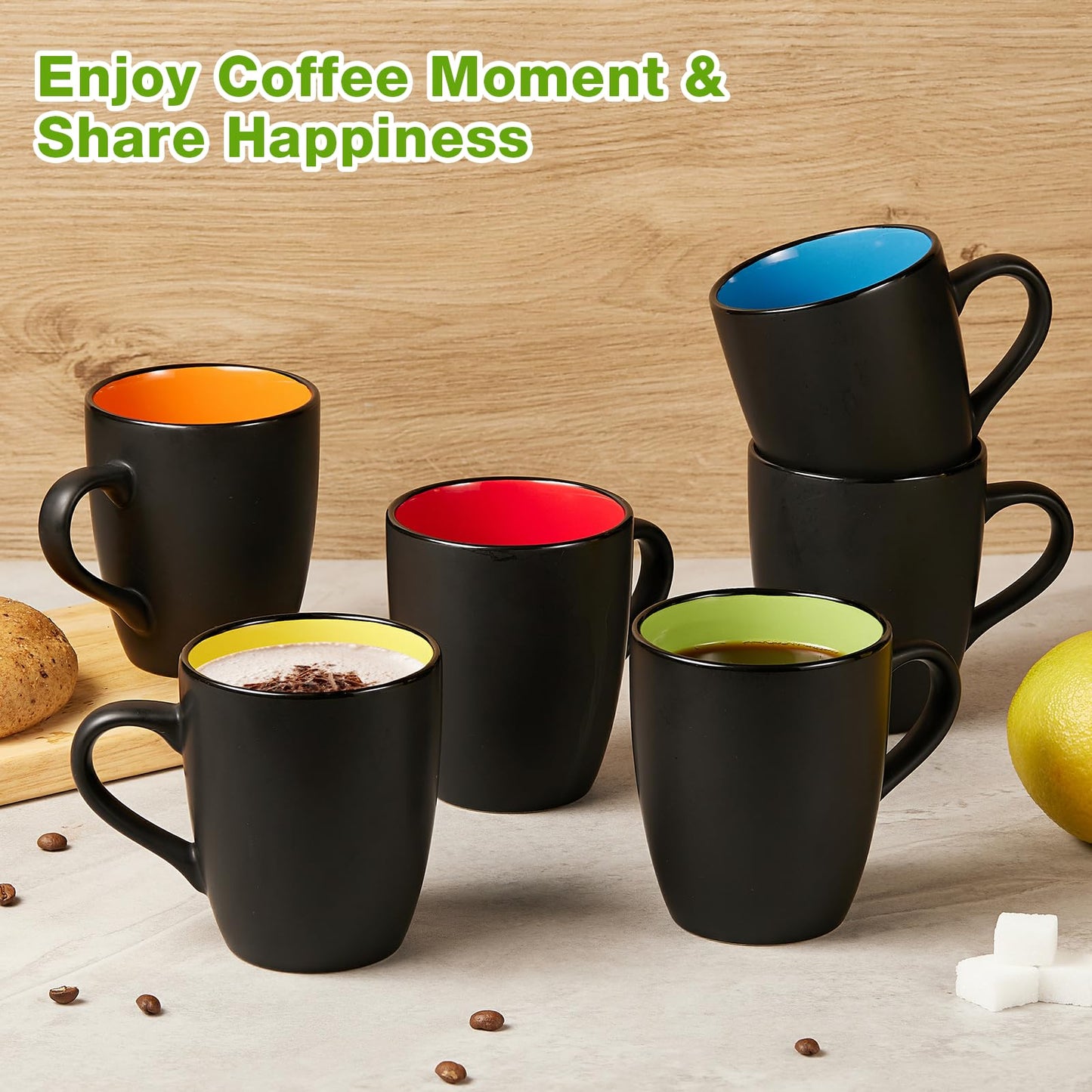 Qipecedm 6 Pack Porcelain Coffee Mugs Set, 12 Ounces Ceramic Coffee Mugs, Matte Black Coffee Mug
