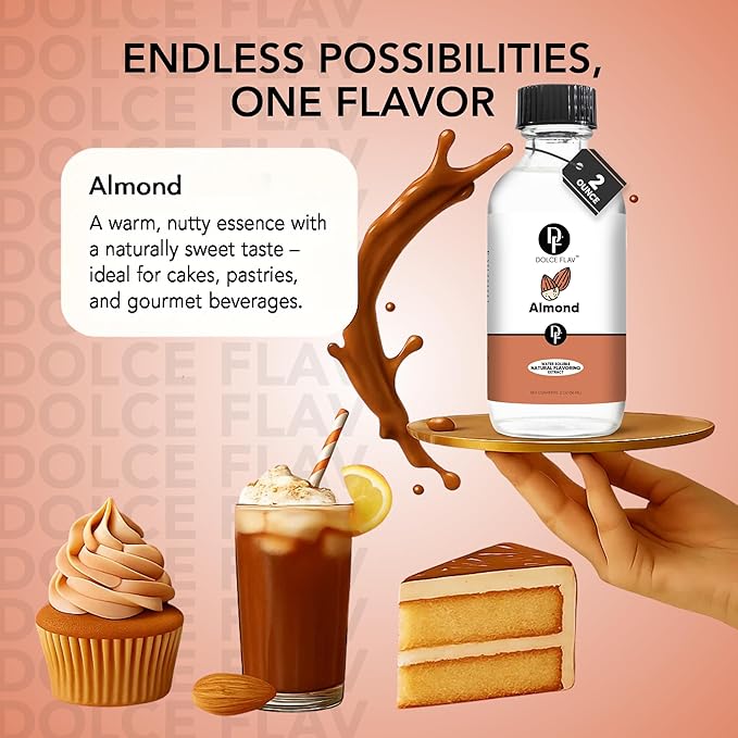 Dolce Flav Natural Almond Extract ??2 Ounce Water-Soluble Kosher, Sugar-Free, Concentrated Pure Almond Flavoring for Baking, Pastries & Beverages, Includes Measured Dropper