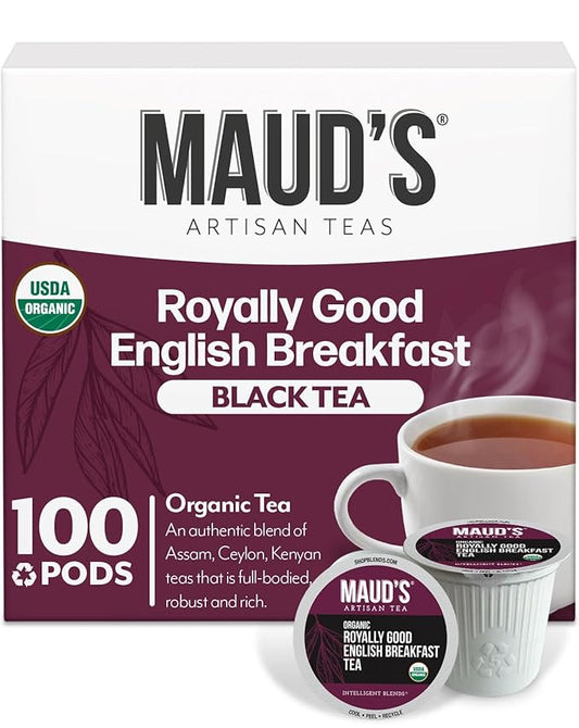 Maud's Organic English Breakfast Black Tea Pods, 100 ct, Recyclable Single Serve Pods ??100% Gourmet Blended Tea Leaves, Compatible with Keurig K Cups Maker