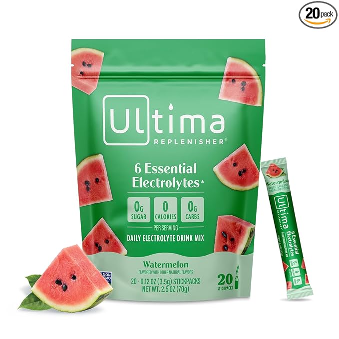 Ultima Replenisher Daily Electrolyte Powder Drink Mix ??Sugar Free ??Watermelon, 20 Stickpacks ??Hydration Packets with 6 Electrolytes and Trace Minerals ??Keto Friendly, Vegan, Non-GMO