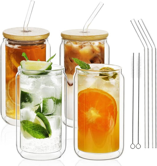 LIBWYS 13.5oz 4pcs Double Wall Glass Cups with Bamboo Lids and Straws - Condensation Resistant Insulated Drinking Glasses for Cold Beverages, Iced Coffee, Tea, Juice, Clear Borosilicate Glass Tumbler