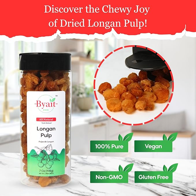 Byait Dried Longan Pulp 7 Oz, Natural Dragon Eye Fruit, No Added Sugars, Ideal for Teas, Snacks, Desserts, Cooking, and Baking