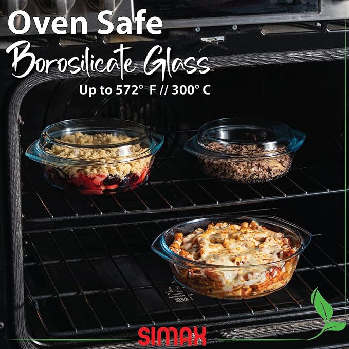 Simax Casserole Dish Set, Set of 3 Casserole Dish with Lid, Round Glass Cookware, Borosilicate Glass, Made In Europe 0.75 Quart, 1 Quart and 1.5 Quart Baking Dishes??,<div>