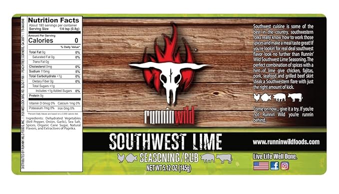 Premium Southwest Lime Seasoning | No Artificial Flavors, No MSG added | Gourmet Southwest Flavor for Chicken, Fish, Pork, and Fajitas | Runnin??Wild Foods, 5.12 ounces