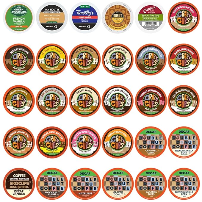Flavored Decaf Coffee Pods Variety Pack Sampler, Assorted Single Serve Decaffeinated Coffee Capsules for Keurig K Cups Brewers, 30 Flavored Decaf Coffees - No Duplicates