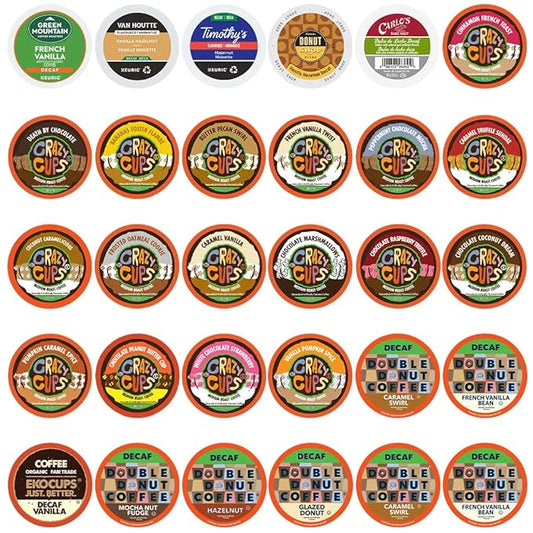 Flavored Decaf Coffee Pods Variety Pack Sampler, Assorted Single Serve Decaffeinated Coffee Capsules for Keurig K Cups Brewers, 30 Flavored Decaf Coffees - No Duplicates