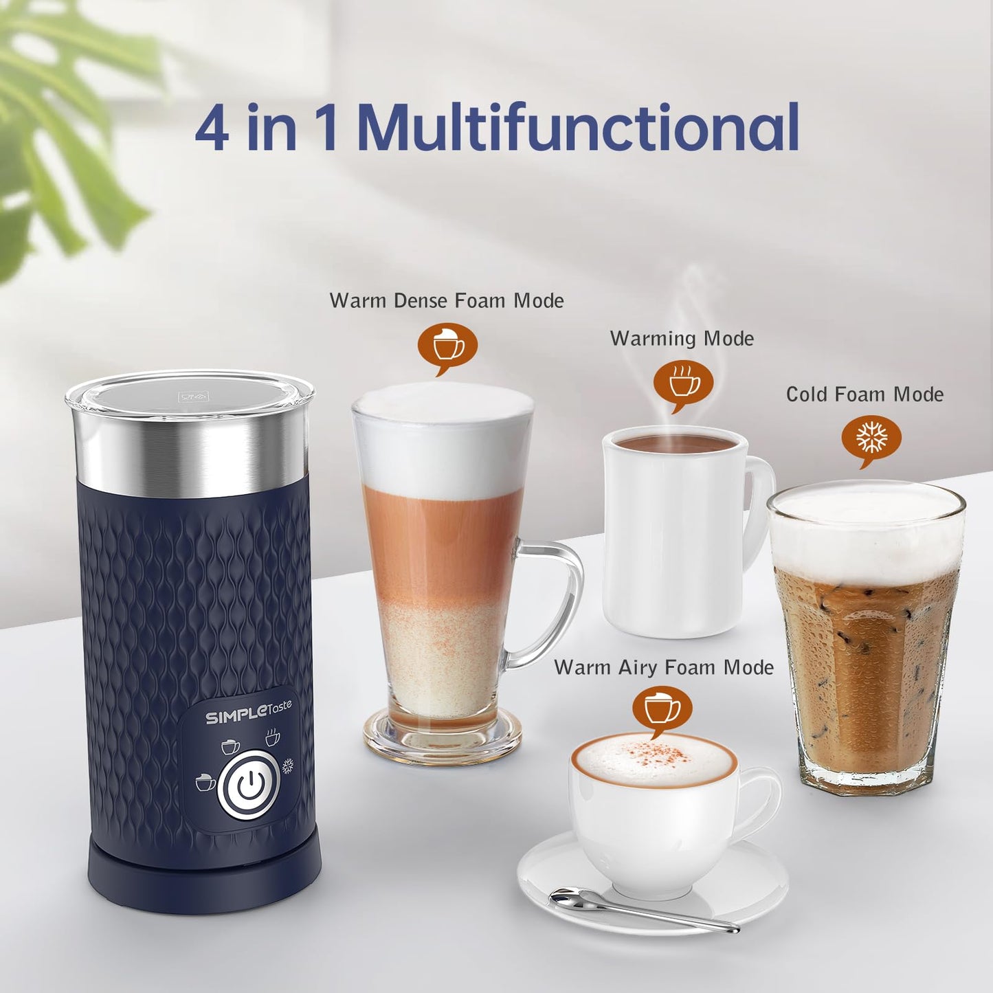 SIMPLETASTE Milk Frother, 4-in-1 Electric Automatic Milk Steamer, Blue