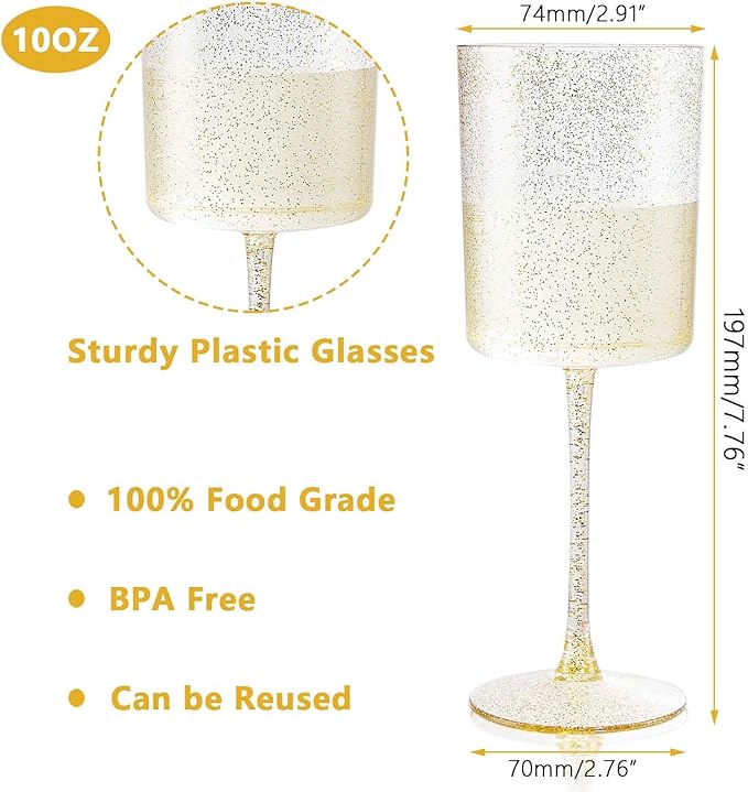 Ciaell 6 Pack Gold Plastic Wine Glasses - 10 Oz Disposable Glasse with Stem - Disposable Wine Glasses Perfect for Parties & Weddings & Poolside & Outdoors & Camping & Thanksgiving