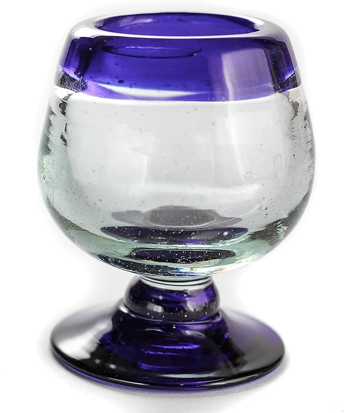 Authentic Mexican Tequila Hand Blown Shot Glasses - Set of 4-2 oz - Mini Glass Snifters - Heavy Base - Cognac (Cobalt Blue Rim)