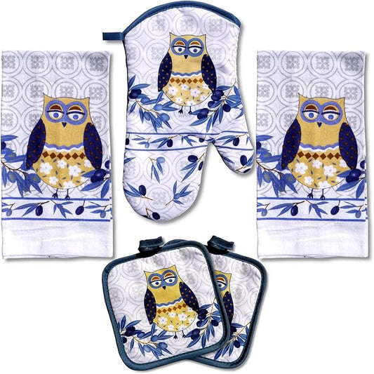 Lobyn Value Packs: Whimsical Blue Owl 5 Piece Kitchen Towel Set, includes 2 Decorative Dish Towels, 1 Oven Mitt & 2 Potholders for Enchanting Style