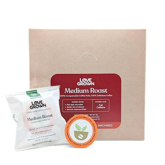 Love Grown Compostable Coffee Pods - Compatible with Single-Serve Brewing Machines - 100% Arabica Beans, Plastic-Free, Gluten-Free, Non-GMO - Medium Roast, Box of 15