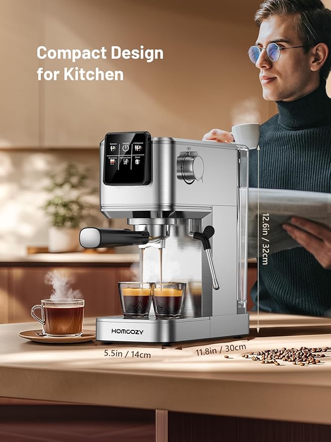 20 Bar Espresso Coffee Machine with Rapid Cold Brew Technology, Milk Frother, Touch Screen Control, Compact Water Tank, Ideal for Lattes, Cappuccinos, Americano, Home & Office Use, Stainless Steel