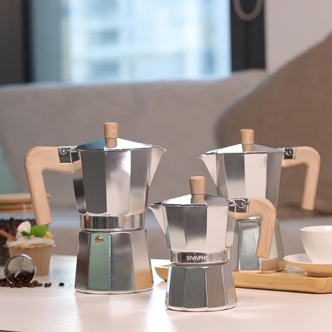 Sivaphe Aluminum Moka Pot 3 Espresso Cups, Percolator Espresso and Coffee Maker, Portable Stovetop Italian and Cuban Cafì±?Brewer for Home and Camping Sliver