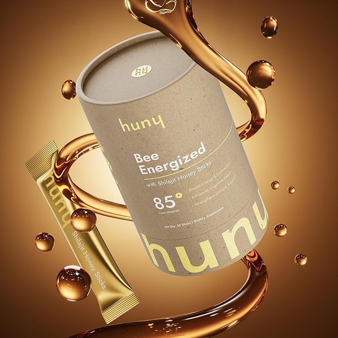 HUNY Bee Energized with Shilajit Honey Sticks | 85+ Trace Minerals for Clean Energy, Focus & Immune Support | Pure Himalayan Shilajit for Men & Women | 30 Count (Pack of 1)
