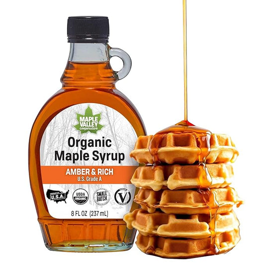 Maple Valley Organic Pure Maple Syrup, Amber and Rich, Better Than Pancake Syrup, Use for Coffee or All-Natural Sugar Substitute in Cooking and Baking (8oz Glass Bottle)