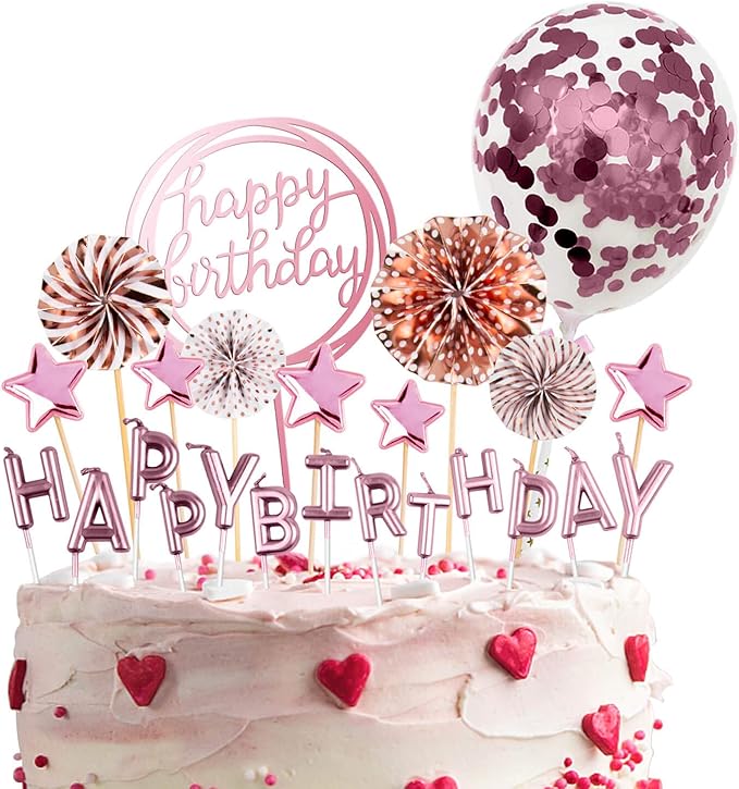 BEAN LIEVE Birthday Candles Set - Cake Topper Decoration with Cake Candles Confetti Balloon Stars and Fan Cupcake Toppers 12 Pieces Birthday Cake Decor for Birthday Party Celebration (Rose gold)
