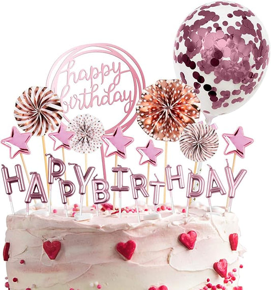 BEAN LIEVE Birthday Candles Set - Cake Topper Decoration with Cake Candles Confetti Balloon Stars and Fan Cupcake Toppers 12 Pieces Birthday Cake Decor for Birthday Party Celebration (Rose gold)