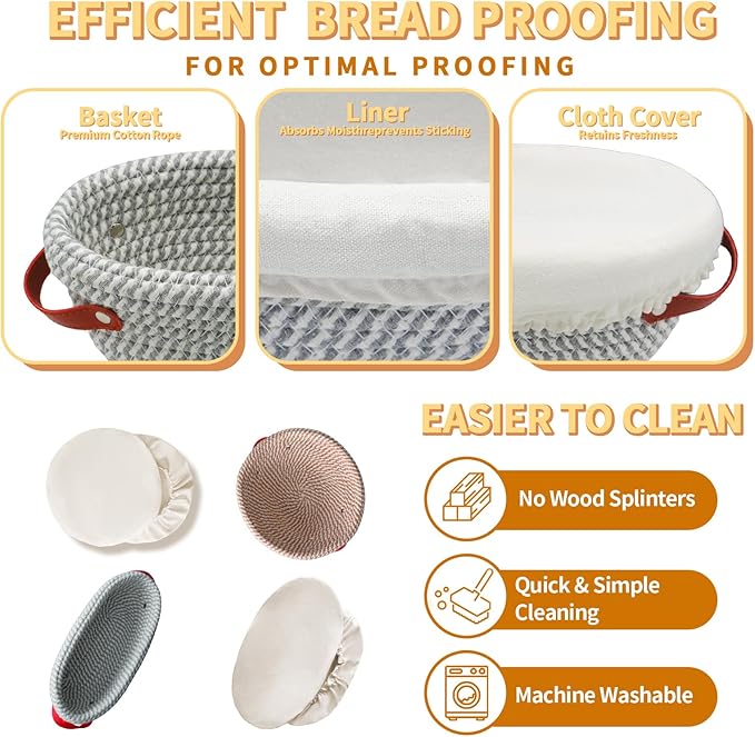 Cotton Rope Banneton Bread Proofing Basket Set,Oval & Round Sourdough Bread Basket Proofing with Liners,Covers Gifts for Bakers Women Wife Mom