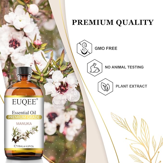 Manuka Essential Oil 118ml Large Capacity Pure Manuka Oil with Glass Dropper for Skin, Diffuser, Aromatherapy, Cleaning, Soap Candle Making - 4Fl.Oz