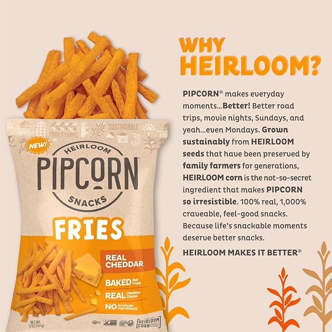 Heirloom Baked Cheddar Fries by Pipcorn - 5oz 6pk - Healthy Snacks, Gluten Free Snacks, Non-GMO, Upcycled Heirloom Corn Flour, Vegan, Baked Not Fried Snacks