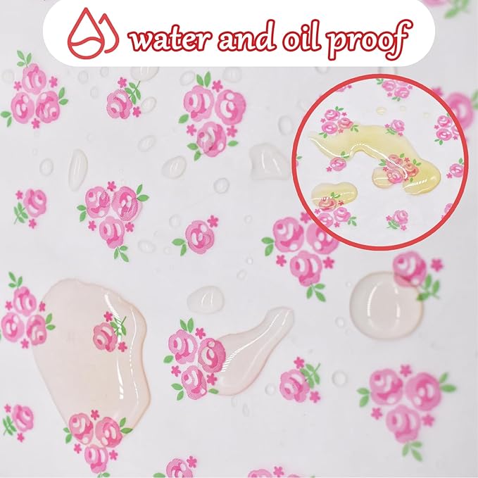 Wax Paper Sheets Food Colored Candy Baking Greaseproof Wrapping Paper For Christmas Rose Pattern (100Sheets)