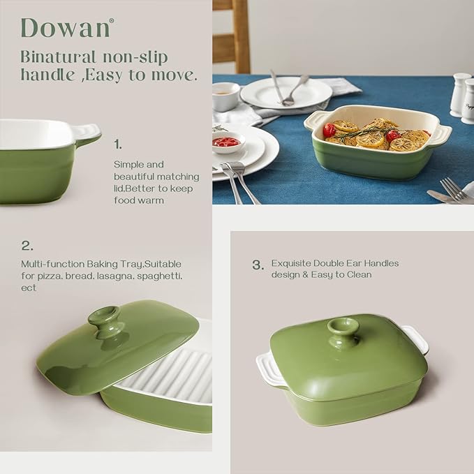 DOWAN Casseroles dish with lids, Ceramic Baking Dish With Lid, Casserole Dishes for oven, 1.6 Quarts Bakeware With Handle Oven Safe for Cooking, Dinner, Home Gift, 8 x 8 Inches, Green