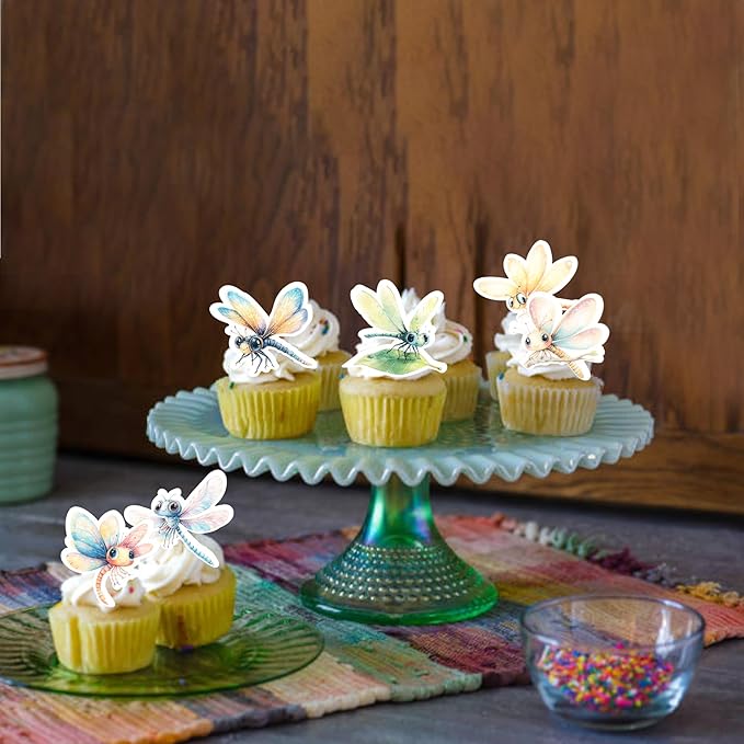 Rsstarxi 60 Pack Edible Dragonfly Cake Toppers Rice Paper Flying Insects Cupcake Picks for Baby Shower Birthday Wedding Anniversary Party Cake Decorations Supplies
