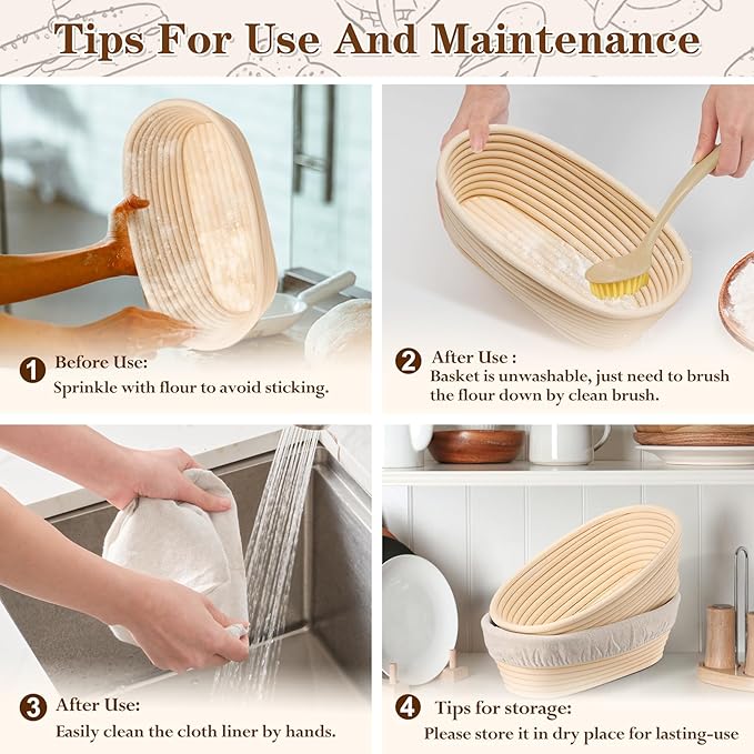 P&P CHEF Sourdough Bread Proofing Basket Set of 4, 10 Inch Oval Dough Proofing Bowls, Sourdough Bread Baking Supplies for Bakers, Handmade Rattan Baskets with Cloth Liner