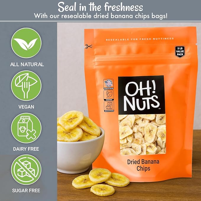 Oh! Nuts Dried Banana Chips - 3 lb - Dried Fruit Slices - Light Sugar Added - Dehydrated Fruit Bites - Packed in New York Zip-Seal Bag for Exceptional Freshness