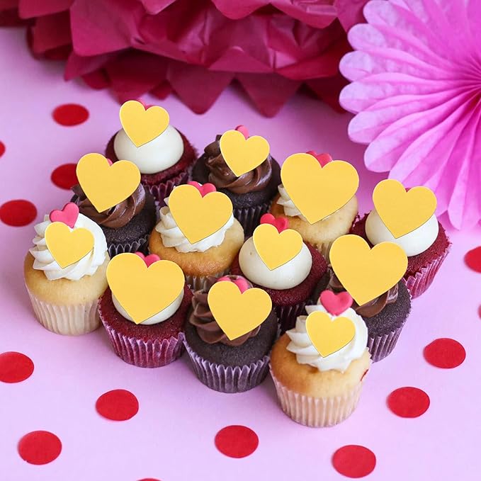60 Pack Edible Heart Cake Topper Love Heart Cupcake Picks Water Paper Valentine's Day Theme Cake Decorations for Wedding Engagement Bridal Shower Birthday Party Supplies Yellow