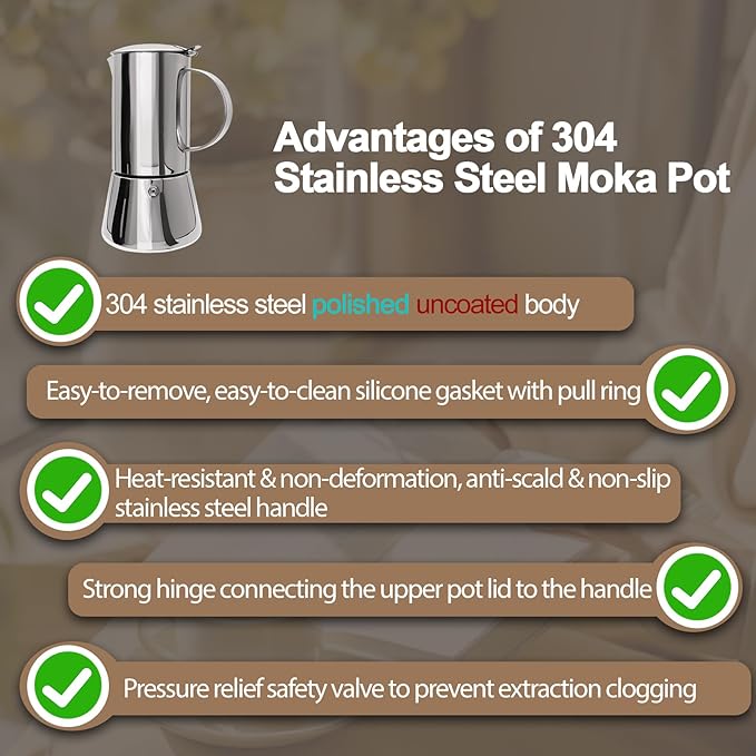 Uncoated 2 Cup Moka Pot 304 Thickened Stainless Steel Coffee Maker Stovetop Espresso Coffeemaker Italian Classic Style Brewing Greca Cafe Mocha Machine for Cafeteras Camping Travel Home 100ml 3.3oz
