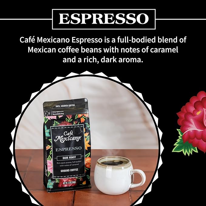 Caf챕 Mexicano - Espresso Ground Coffee - Specialty Arabica Coffee Sourced from Mexico - 12 oz. Bag