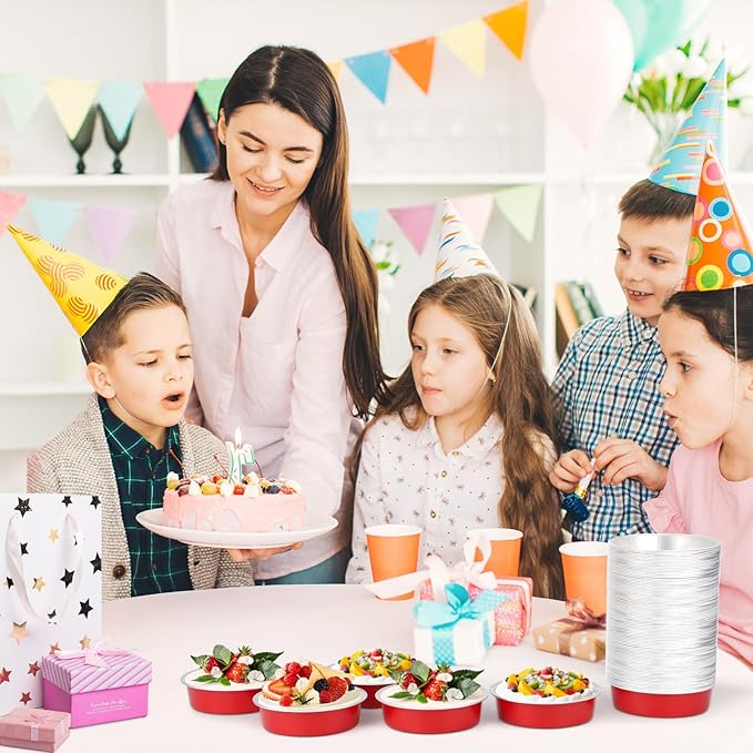 Beasea Disposable Baking Cups, 100 Pack 7.3oz 215ml Aluminum Ramekins Foil Baking Cups 4" Ramekin Cup No Lids Cupcake Aluminum Mini Baking Cups for Party - Bright Red