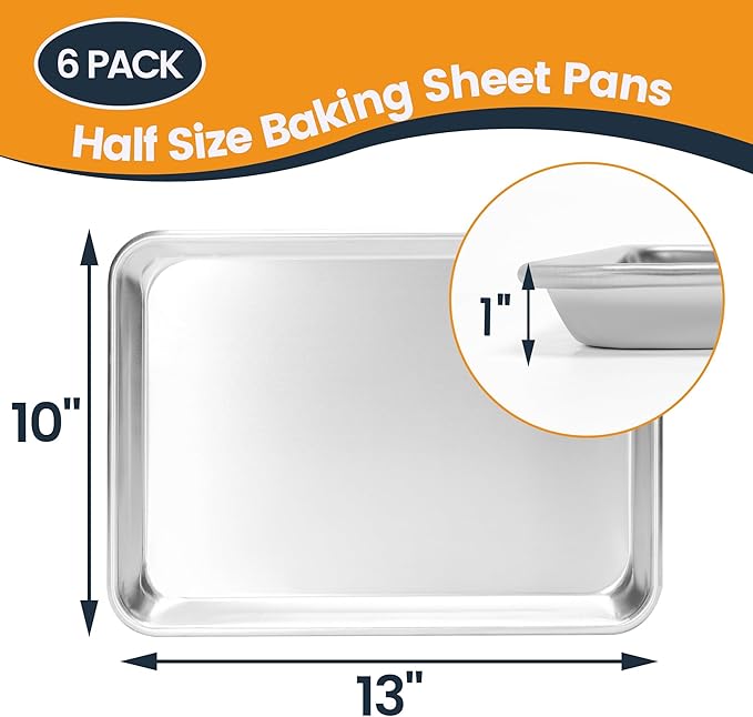 6 Pack Quarter Size Baking Sheet Pan, Aluminum Commercial Cookie Sheet Pan, Durable & Anti-Stick 13?쓝 10??,<div>