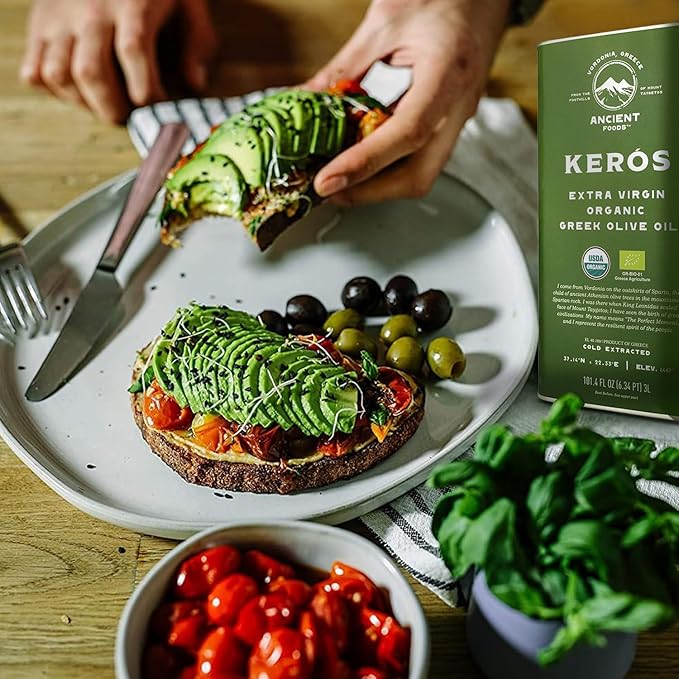 Ancient Foods Keros Greek Organic Extra Virgin Olive Oil ??Cold Pressed Olive Oil from Greece, High Phenolic Organic Olive Oil from 1000 Year Old Trees (101oz, 3L)