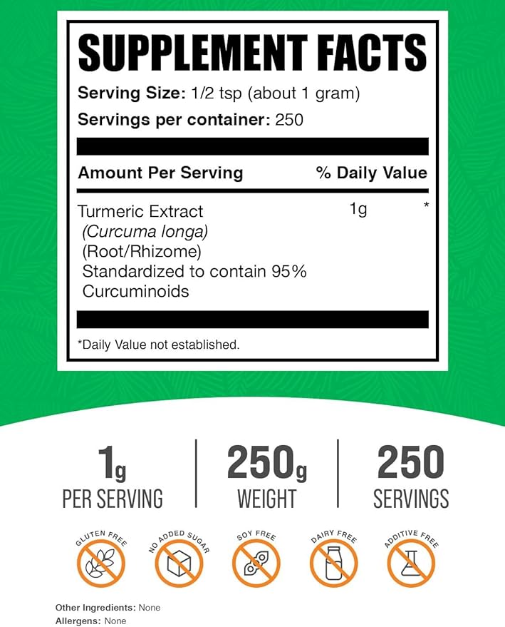 BulkSupplements.com Turmeric Extract Powder - from Turmeric Root, Curcumin Supplements, Turmeric Curcumin Powder - Gluten Free, 1g per Serving, 250g (8.8 oz) (Pack of 1)