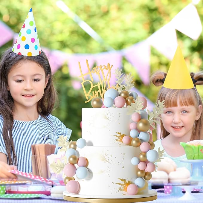 MIAHART Ball Cake Toppers Boho Grass Cake Topper Ball Cake Insert Decoration for Birthday Wedding Baby Shower Party Decorations Boho Themed Party Supplies (light blue竊똤old竊똪ight pink)
