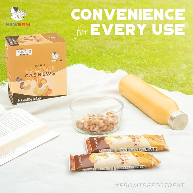 NEWBAM Sea Salt Caramel Cashews Individual Packs - 12 Cashew Snack Packs Roasted Nuts (1.5oz Each) ??Keto, Vegan, Gluten-Free - Healthy Snacks for Trail Mix, Office, or Party - Lightly Salted, Sweet Tasty
