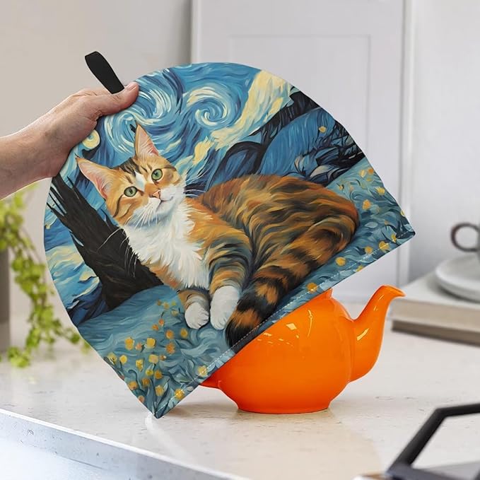 Cute Cat Tea Cozy for Teapot,Starry Night Oil Paint Tea Cosy with Handle Hanging Teapot Dust Cover Novelty Kitchen Kettle Dust Cover Tea Pot Cover for Home Decoration竊뉰lue竊?,<div>