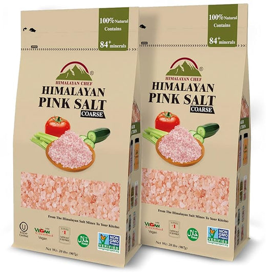 Himalayan Chef Himalayan Pink Salt, Coarse Grain - 40 lbs Bulk Size, For Grinders and Salt Mills | 100% Natural & Organic, Vegan & Kosher Certified Pink Salt 20lbs/Each-Pack of 2