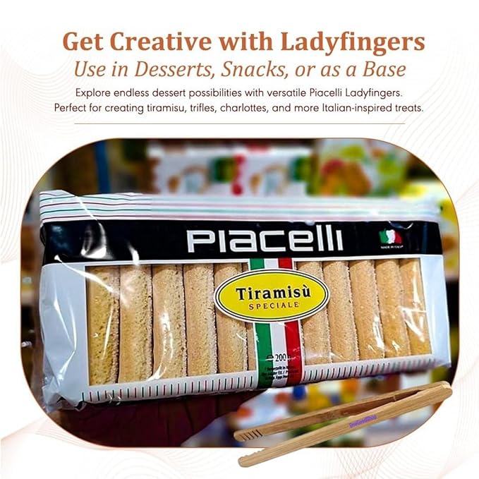 PIACELLI Ladyfingers Tiramisu Speciale - Authentic Italian Sponge Lady Fingers for Tiramisu ??Traditionally Baked Ladyfinger Cookies - 400g/14.11oz w/Bamboo Kitchen Tong