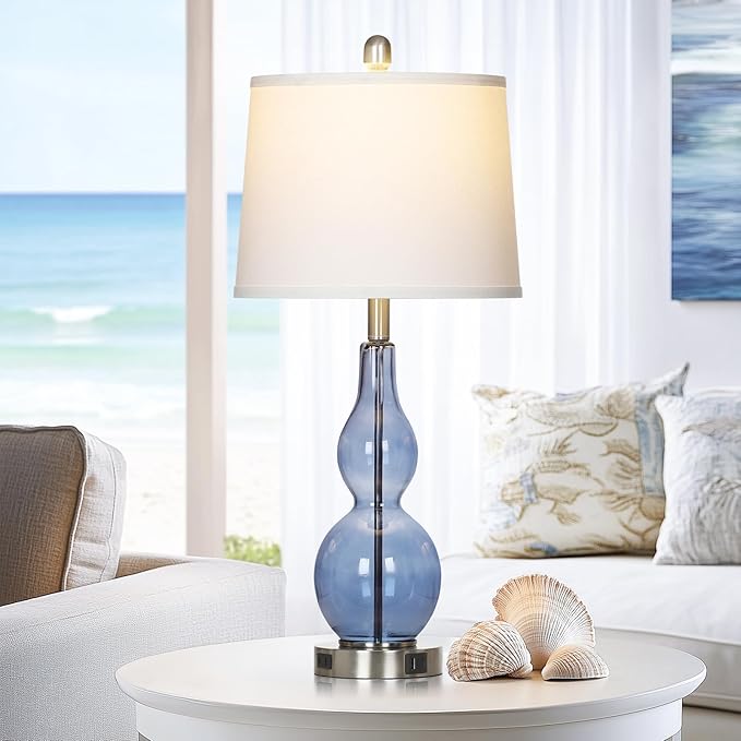 27.5" Coastal Blue Glass Double Gourd Table Lamp Set of 2,3-Way Dimmable Touch Control Bedside Lamps with USB Ports and AC Outlet, Nautical Nightstand Lamps for Bedroom Living Room