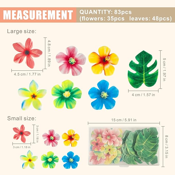 83 Pcs Edible Flowers Cake Decorations, Tropical Cupcake Toppers, Hawaiian Cake Decorations, Tropical Leaves & Edible Flowers for Hawaiian Birthday, Jungle Theme Birthday Party Decoration Supplies