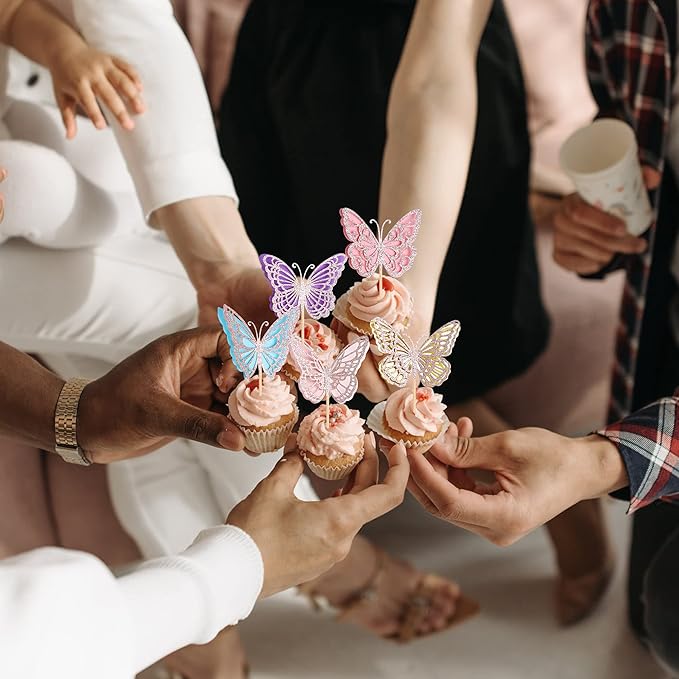 Rsstarxi 24 Pack Butterfly Cupcake Toppers Glitter Double Layers 3D Cupcake Picks Baby Shower Cake Decorations for Wedding Engagement Bridal Shower Birthday Party Supplies