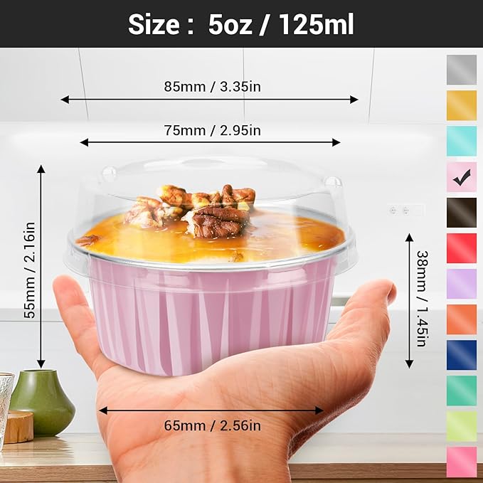 EUSOAR Disposable Ramekins with Lids, 200pcs 5oz Aluminum Foil Cupcake Liners Ramekins Cups for Baking, Dessert Cups Aluminum Cheesecake Pan Creme Brulee Baking Cups for Oven-Pink