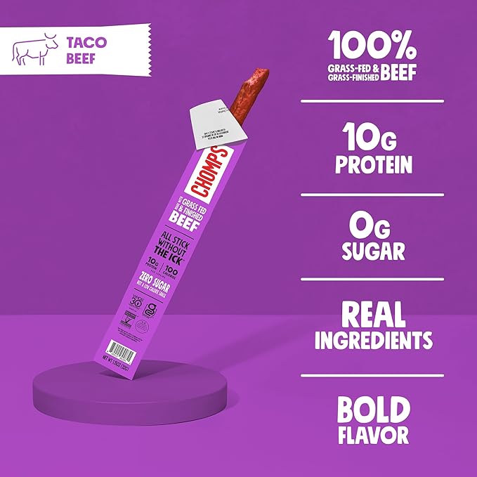 Chomps Grass-Fed and Finished Taco Beef Jerky Snack Sticks 10-Pack - Keto, Paleo, Whole30, 10g Lean Meat Protein, Gluten-Free, Zero Sugar Food, Non-GMO